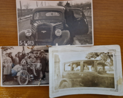 Three old vehicle photos in one, two cars, one motorcycle