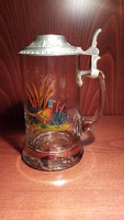 Glass beer mug, rein zinn jug with tin lid