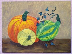 Still life with pumpkins. Signed modern painting ch saal switzerland