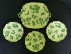 Herend cake set with Victoria pattern. Green! Rare! Seven pieces.