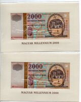 2.000 Forint Millenneumi Bankjegy Díszkiadásban Sorszámkövető 2 db párban 2000 Augusztus 20