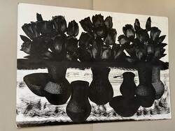 Black floral still life modern retro painting without frame 70 x 100 cm