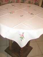Beautiful hand embroidered tiny floral white needlework tablecloth