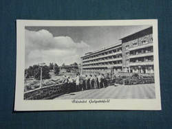 Postcard, holiday hotel with a log roof, detail of the view
