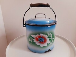 Old enameled food barrel with lid
