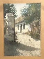 Jenő Mészáros (1883-1943) peasant yard antique watercolor painting in original frame