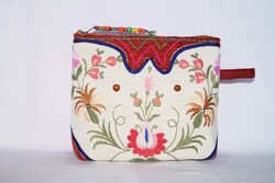 Colorful hand-embroidered pencil case, floral, beaded, beige, cotton cosmetic bag, pencil case