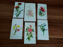 6 cards with drawings and flowers in one, drawing: Zsuzsa Gonda, Endre Rye, Konrad Stremnizer, etc.