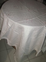 Beautiful hand-embroidered small cross-stitch damask tablecloth with a white lace edge