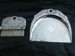 Antique, silver-plated crumb broom and matching shovel. Richly chiselled. Flawless collector's item.