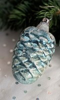 Régi türkiz havas toboz karácsonyfa dísz 8cm