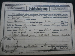 Old motorcycle/vehicle certificate in German, from 1946. Collector's item.