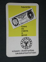 Kártyanaptár, Javszer lakáskarbantartási szerződés, Budapest, reklám figura, papírpénz, 1974,   (5)