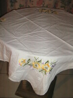 Beautiful hand-embroidered yellow floral needlework tablecloth