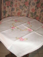 Beautiful hand-embroidered cross-stitch pastel rose white lace needlework tablecloth