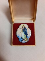 Hand-painted porcelain Virgin Mary on antique metal base without frame