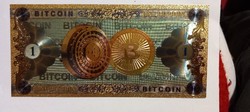 1 Bitcoin - colorful, gold-plated, plastic fantasy card. HUF 800