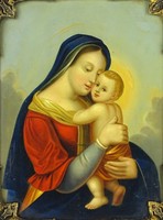 0Z235 antique Madonna Mary with baby Jesus painting xix. Century around 1850