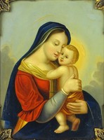 0Z235 Antique Madonna with Child Jesus Painting, circa 1850