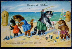 Régi humoros grafikus képeslap - tengerpart, játék , elnáspángolt rosszalkodó cica