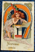 Antique embossed New Year's litho greeting card - bubbly fairy in clown's cap with calendar from 1904