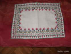 Antique handwork on linen material, small tablecloth embroidered, delivered in condition appropriate for its age