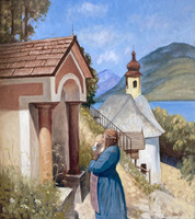 Oil painting after Peder Mørk Mønsted's Mother and Child at the Chapel in Kitzbühel