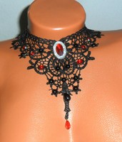 Gothic style collar made of blue black lace, with rhinestone pendant, glass drop, pearls. Adjustable.