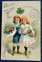 Antik szecessziós dombornyomott litho üdvözlő képeslap - gyerekek virágcsokorral 4levelű lóhere 1905