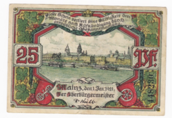 25 Pfennig bankjegy Mainz 1921
