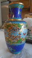 Szépséges antik kézi festésű jelzett  tűzi aranyozott fém váza