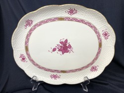 Herendi Apponyi mintás purpur színű nagyméretű porcelán pecsenyéstál, kínáló, asztalközép RZ