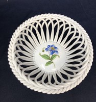 Herendi kék virágmintás áttört porcelán fonott kosár (13x5 cm) RZ