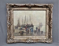 Rare oil painting by hans harlander; Dutch port (1880 - 1943)!!!