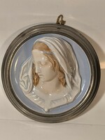 Zsolnay porcelain wall picture, with Art Nouveau style features, with a plastic female head decoration