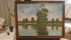 Large old signed beautiful oil canvas landscape in a thick wooden frame