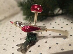 Régi csipeszes gomba madárral karácsonyfa dísz 7cm