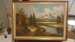 Large old signed beautiful oil canvas landscape in a thick wooden frame
