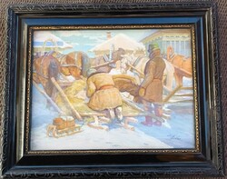 Hódi géza painting: on the road in the snow