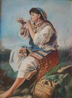 Ferenc Barcsai - gypsy girl smoking a pipe - signed oil / canvas painting - large size