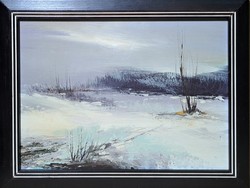 Darabont Tamás (1930-): Este a vízparton (olajfestmény fekete keretben) kortárs érdi festőművész