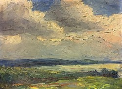Landscape with lake, clouds, oil on canvas, nicely framed
