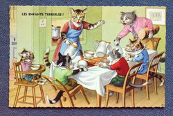 Régi retro humoros grafikus képeslap cica  család a reggeliző asztalnál