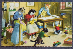 Régi retro humoros grafikus képeslap cica  - család