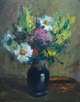 Ferenc Göcseji Pataki: still life with flowers (oil painting in frame) painter from Zalaegerszeg