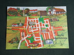 Postcard, Sellye municipality, graphic map, details, store, monument, church, folk costume