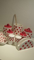 Red polka dot porcelain spice holder set, napkin holder, wooden spoon holder, 9 pieces