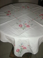 Beautiful hand embroidered cross stitch azure vintage rose needlework tablecloth