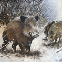 Boars in the snow - oil painting - game, hunting, nature, landscape