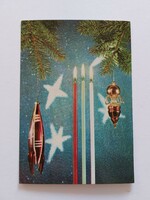 Régi képeslap 1971 fotó levelezőlap űrkorszakos karácsonyfadíszek űrhajó műhold